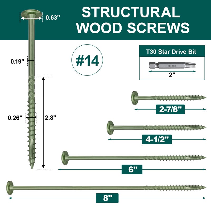 FMhotu #14 Heavy-Duty Wood Screws, Star Drive Deck Screws, Rust Resistant Timber Screws for Timber/Log/Landscaping Wood (4-1/2 Inch,100Pcs,Green) - Image 2